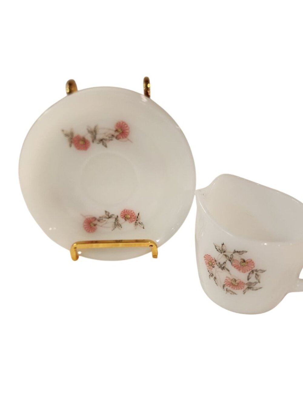 Vintage Fire King Milk Glass 5 Saucers, creamer Fleurette pattern pink floral